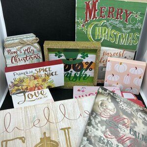 Lot of 10 decorative wooden & canvas holiday signs